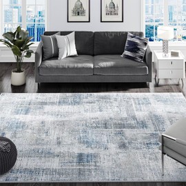 Eleisa Modern Abstract 8x10 Area Rug for Living Room, Blue & Grey, Non-Slip Stain Resistant Washable Rug, Abstract Vintage Home Decor Carpet for Bedroom, Kitchen, Dining Room