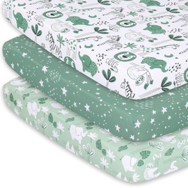 The Peanutshell 3-Pack Fitted Playard Sheets - Soft & Breathable Baby Boy or Girl Mini Crib Sheets, Pack N Play Mattress, Fits Standard Playard Pack Play Mattresses - Green Safari