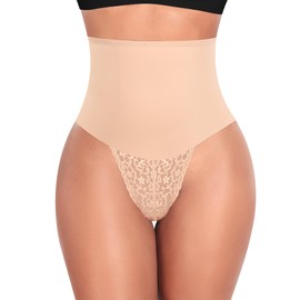 Werena Tummy Control Thong Shapewear for Women Mid High Waisted Body Shaper Underwear Lace Shaping Thong Girdle Panties(#A1 Mid Rise Beige,3X-Large)