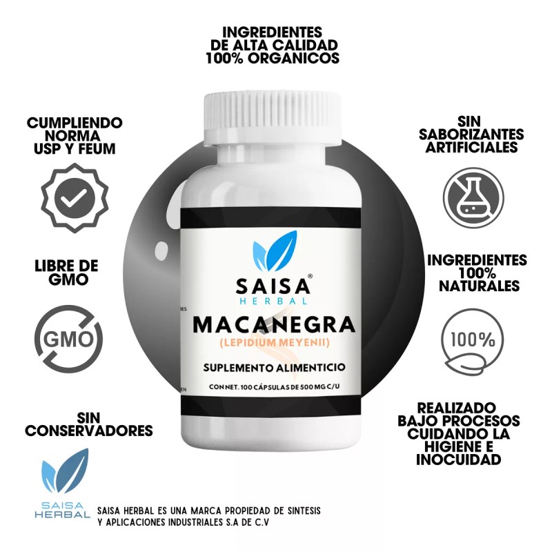 Saisa Herbal Maca Negra Orgánica 100% Pura Con 100 Cápsulas
