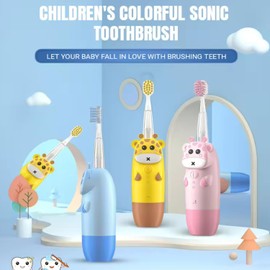 Generic Os 101 Kids Battery Power Electric Toothbrush, with 2 Soft Brush Heads and 1 AAA Battery, Silicone Deer Design, Included 7 Colors Light, Ipx7 Waterproof for Ages 2-12 (Yellow)