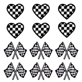 12pcs Racing Patches Checked Racing Flag Patches Classic Black White Racing Flag and Heart Iron on Patches Embroidered Patch Appliques for Clothes Jeans Hats Backpacks