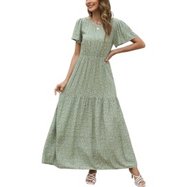Manydress Womens Summer Casual Floral Print Dress Layered Swing Boho Maxi Dresses with Pockets MY226 (Green Print, XL)