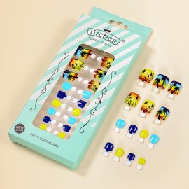 24 Pcs Short Square Toenail Press ons Dopamine Style Press on Toenails with Coconut Palm Design Fake Toe Nails Glossy Full Cover Toe Press on Nails Acrylic Toenails for Women Girls Summer Toenails