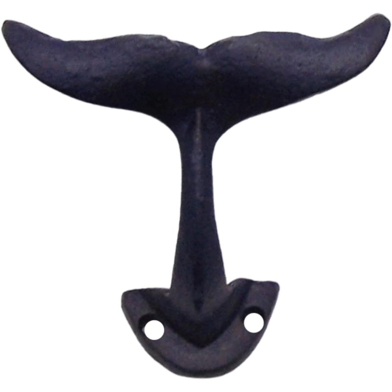 Rustic Dark Blue Cast Iron Whale Tail Wall Hooks, 4