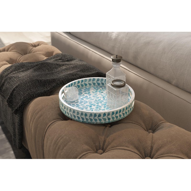 PEMAR 12.6” Mother of Pearl Round Serving Tray with Handles,