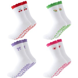 DHHYWWD 4 Pairs Pilates Socks, Cotton Reformer Pilates Socks Crew with Ruffle Cuff and Embroidered Fruit Pattern, Grippy Yoga, Dance, Ballet