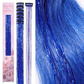 WENNALIFE Hair Tinsel Clip in Sky Blue Tinsel Hair Extensions for Girls Glitter Hair Tinsel Clip Ins Hair Accessories Heat Resistant Sparkle Strands Christmas Birthday Gifts for Girls 6pcs 24 Inch