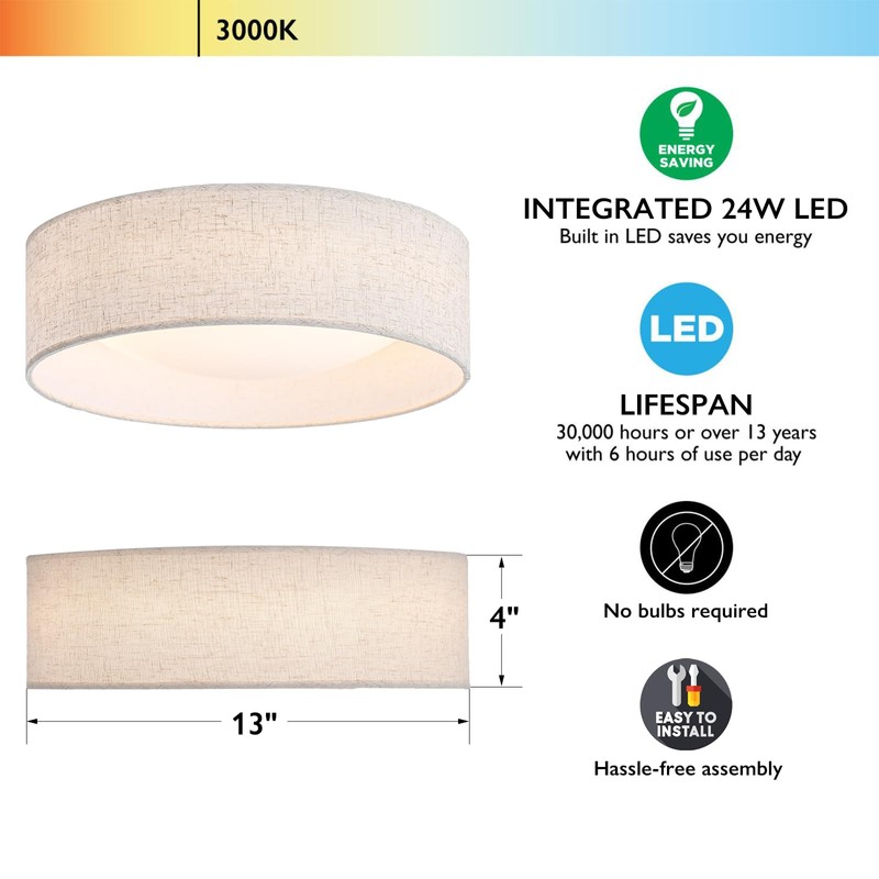 CALOKES 13" Fabric Flush Mount Ceiling Light, 24W 3000K LED