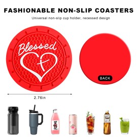 NYTKL 2PCS Car Cup Holder Coaster, 2.76 Inch PVC Anti Slip Car Cup Insert Coaster with Blessed Cross and Heart, Shockproof Dustproof Drink Mat Universal for Most Vehicles Interior (Red)