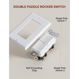 AIDA Single Pole Double Paddle Rocker Decorator Light Switch, 15 Amp Self-grounding Electrical Light Switches, Residential Grade, UL Listed (2 Pack, Glossy White)