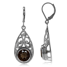Silvershake 5.34ct. Natural Smoky Quartz 925 Sterling Silver Filigree Swirl Drop Shape Leverback Earrings