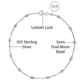 Savlano 18K Gold Plated Over 925 Sterling Silver Station Oval Moon Bead Anklet Chain For Women. Silver, Gold, Rose Gold - Made in Italy Comes With a Gift Box (W, 10)