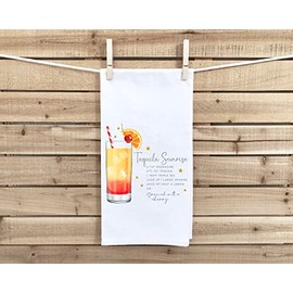 Tequila Sunrise Recipe Kitchen Towel with Hanging Loop - 100% Cotton Flour Sack Hand Towels - Cocktail Bar Decor - Housewarming Hostess Birthday Christmas Thanksgiving Mother's Day Gift