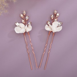 Teyglen 2pcs Flower Bridal Hair Pins Rhinestone Wedding Hair Pins Clips Set with Pearl Flower Hair Accessories for Bride Wedding Crystal Hair Piece for Women Girls (Rose Gold)