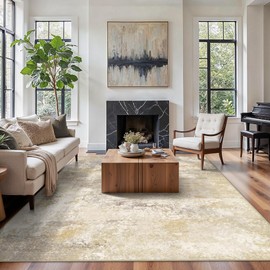 GENIMO 8x10 Washable Area Rugs for Living Room Bedroom, Modern Abstract Low Pile Soft Non Slip Rug, Contemporary Indoor Floor Carpet Cover for Dining Room Kitchen, Gray Gold