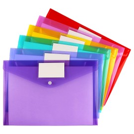 6 Pack Clear Document Folders Plastic Envelopes Poly Envelopes File Envelopes with Label Pocket and Snap Button for Home Work Office Organization, Letter Size/A4 Size, 6 Colors