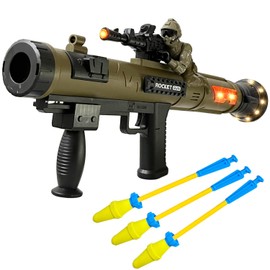 Toy Rocket Launcher, Rocket Gun with 3 Foam Rockets, Toy Rocket Barrel Launcher RPG Gun, with Sound, Vibration, LED Effects, Military Pretend Play Blaster Toy Gun (Brown)