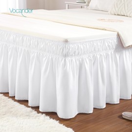 Vocander White Queen Size Bed Skirt 14 Inch Drop, Elastic Wrap Around Dust Ruffle Bed Skirting Easy to Install, Adjustable Tailored Bedskirts Fade & Wrinkle Resistant