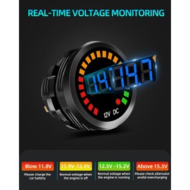 2PCS DC 12V Voltage Meter, Waterproof LED Display Voltmeter Gauge Panel, Round Battery Monitor with Wires & Terminals & Srews, for Marine Car Automotive Vehicle Truck Boat RV ATV UTV, Long Body