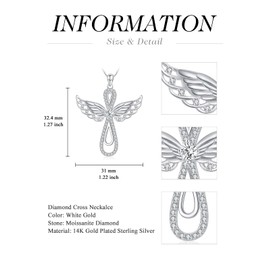WTYIM Angel Wings Cross Necklace for Women 14K Gold Plated Sterling Silver Moissanite Diamond Cross Pendant Angel Wings Necklace Birthday Christmas Gifts for Her Girlfriend Wife, 18+2 Inch