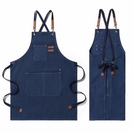 Canvas Heavy Duty Work Tool Apron, Chef Cotton Aprons for Woodworking with Large Pockets Adjustable Work Apron (Blue)