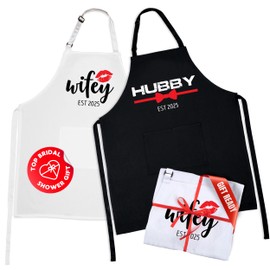 Prazoli Products Mr Mrs Apron Set - Engagement Gifts, Wedding & Bridal Shower Gifts for Couple (Hubby & Wifey Est: 2025, Standard)