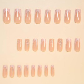 Pink French Tip Press on Nails Coffin - Medium Fake Nails with Heart Design - Glossy Full Cover Stick on Press ons for Women Manicure Kit 24 Pcs