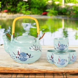 Japanese Crane Porcelain Tea Set 20 fl oz Teapot with 4 Cups Sky Blue Color Tea Gift Set