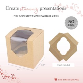Spec101 Mini Cupcake Holders - 50 Pk Individual Cupcake Boxes with Inserts, 2.5 Inch To Go Cupcake Containers, Brown