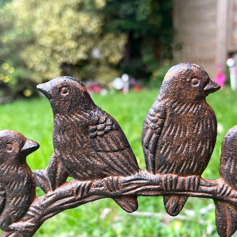 Birds Welcome Sign Lawn Spike Cast Iron Brown Perched Robins