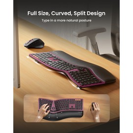 ProtoArc Ergonomic Wireless Keyboard Mouse, EKM01 Plus Full Size Ergo Bluetooth Keyboard Mouse Combo, Split Design, Wrist Rest, Multi-Device, Rechargeable, for Windows/Mac OS - Wine Red