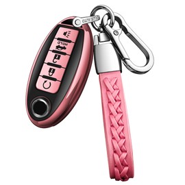 Autophone for Nissan Key Fob Cover with Leather Keychain Soft TPU Protection Key Case for Altima Sentra Rogue Pathfinder Murano Armada Maxima Versa Smart Key (Pink, 5 Buttons)