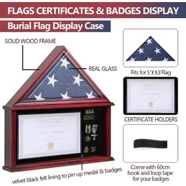 Tieeqe Large Military Shadow Box Solid Wood Burial Flag Display Case for American Veteran Flag Display Fit a Folded 5'x9.5' Flag Military Flag Display Case with Certificate Holder, Mahogany Finish