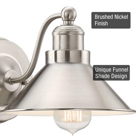 Kira Home Welton 11" Modern Farmhouse Vanity Light with Funnel Shade, Industrial Silver Wall Sconce Bathroom Light, Brushed Nickel Finish