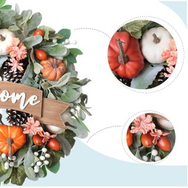 Egolot 22 Inch Fall Pumpkin Wreath for Front Door with Welcome Wood Sign, White Orange Pumpkin Pinecone Acorn Wreath for Indoor and Outdoor, Autumn Door Wreath for Home Decor