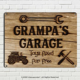 Grampa's Garage Toys Fixed for Free, 8.5 x 11.5 Inch Aluminum Sign, Vintage Workshop and Garage Signs Wall Decor, Gifts for Papa, Papu, Pop, Woodworking, Woodturning, Cabinet Maker, Mechanic