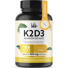 LIFE 360+ Vitamina K2 y D3 400 UI | 180 Cápsulas | Sin azúcar añadida ni colorantes | Cápsulas de Gelatina a Base de Almidón de Maíz con Vitamina K2 y Vitamina D3 | Suplementos Alimenticios | Contenido Neto 180 unidades por Envase