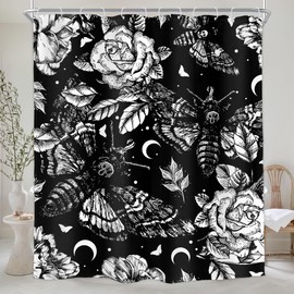 Homewelle Gothic Moth Skull Shower Curtain Mysterious Butterfly Flowers Plants Floral Retro Leaves Moon Night Sky Stars Black White 60Wx72H Inch Vintage Waterproof Polyester Fabric Bathroom Bathtub