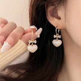 Crymystal Bohemian Pearl Heart Earrings Heart Drop Earrings Gold Crystal Bow Earring Jewellery Gifts for Women and Teenagers, Zinc Alloy Steel, Artificial Gemstones