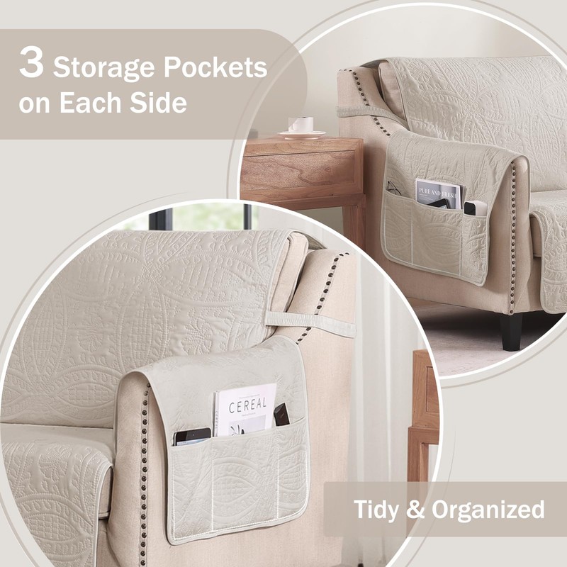 Pamhaven Soft Quilted Couch Cover with Pockets for Extra-Large Sofa,