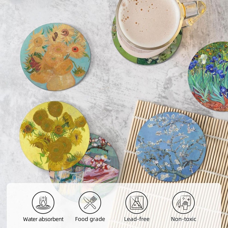 ADPON Absorbent Ceramic Coasters for Drinks with Cork Base Art
