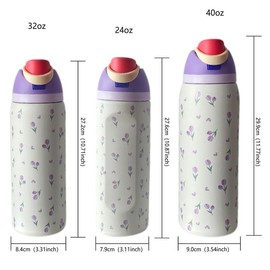 Tulip Pattern Vacuum Flask, 1 Count 24oz/32oz/40oz Stainless Steel Insulated Water Bottle with Straw, Drinking Cup for Home Office School Outdoor, Drinkware:_Purple oil painting Tulip - white cup body_40oz