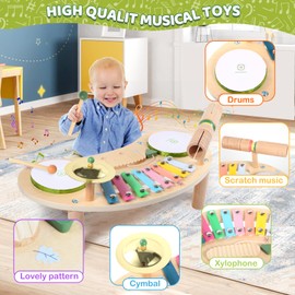 Asweets 7 in 1 Kids Drum Set for Toddlers Wooden Xylophone Musical Instruments Kit Play Set for Toddler Baby Drum Set Montessori Toys Sensory Toys Birthday Gifts for Girls Boys