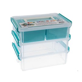 Joy Filled Storage - 3 Clear Stackable Containers with Handle and 4 Compartment Insert (8x6x2.5in) - with Turquoise Detail for Craft and Food Storage