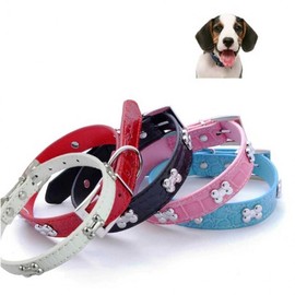 Bone Charm Leather Dog Collar Strap for Pets Collar S Red BL05232 100ea