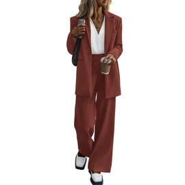 KIRUNDO Women Suits 2 Piece Set Business Casual Dressy Oversized Blazer Jacket and Wide Leg Dress Pantsuits Formal Outfits(Brown Red, Small)