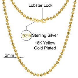 Savlano 925 Sterling Silver 3MM Moon Cut Ball Bead Chain Necklace - 18K Gold, Rhodium Plated Dog Tag Link Chain for Women Comes with a Gift Box - Made in Italy (16Y)