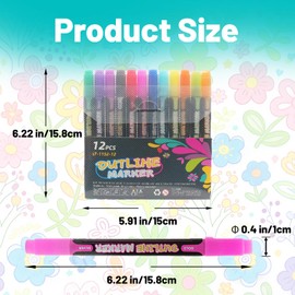 FYDHI Self Outline Metallic Markers Double Line Outliner Pens Set, Glitter Shimmer Pens Set for Coloring DIY Cards Art Supplies (12 PCS/24 Colors)