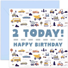 Old English Co. 2nd Birthday Card for Boy or Girl - Fun Car Lorry Van Birthday Card for Child - Second Birthday Card for Him or Her - Age Two Colourful Vehicle Birthday Card | Blank Inside Envelope